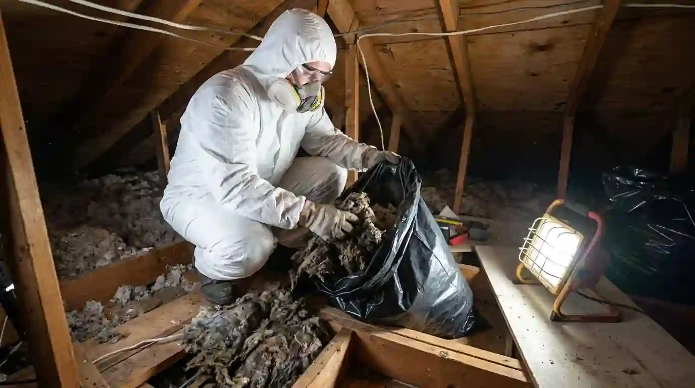 Removing damp insulation from an attic