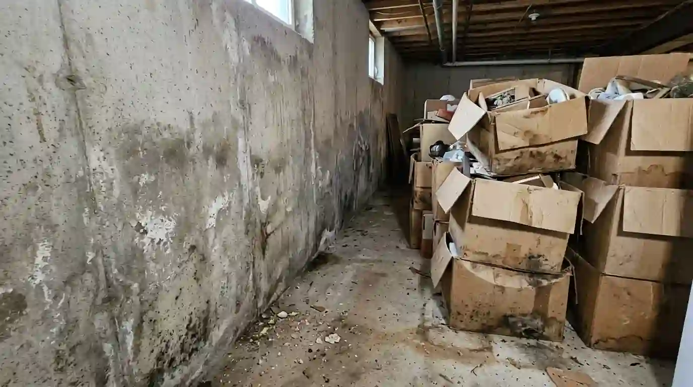 Damp storage boxes pulled from a basement wall