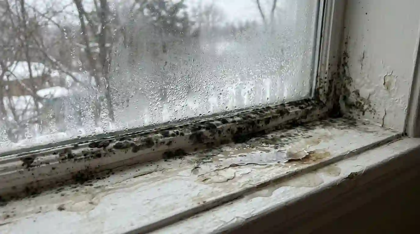 Condensation and mold along a window sill caulk line