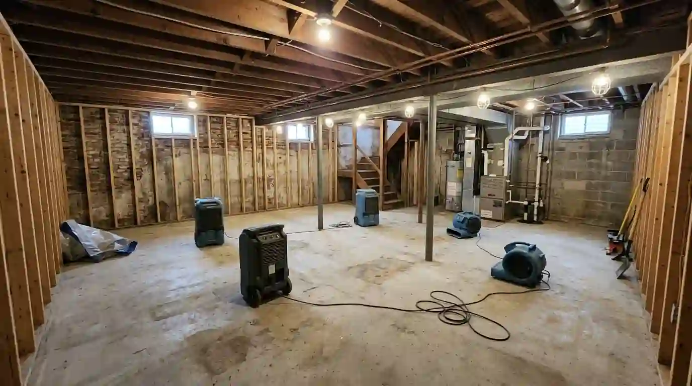 Wall framing after mold removal and drying, clean studs and bare concrete floor