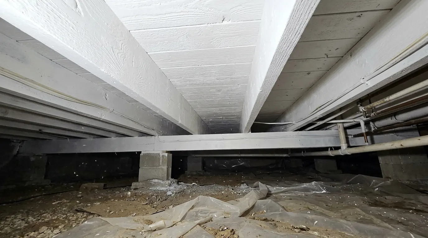 Crawl space joists coated after cleaning