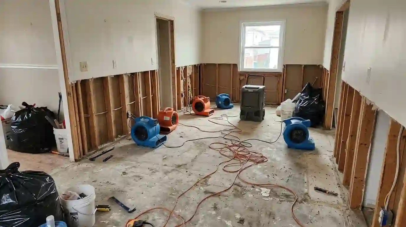 Flood-cut drywall in a Howard Beach house