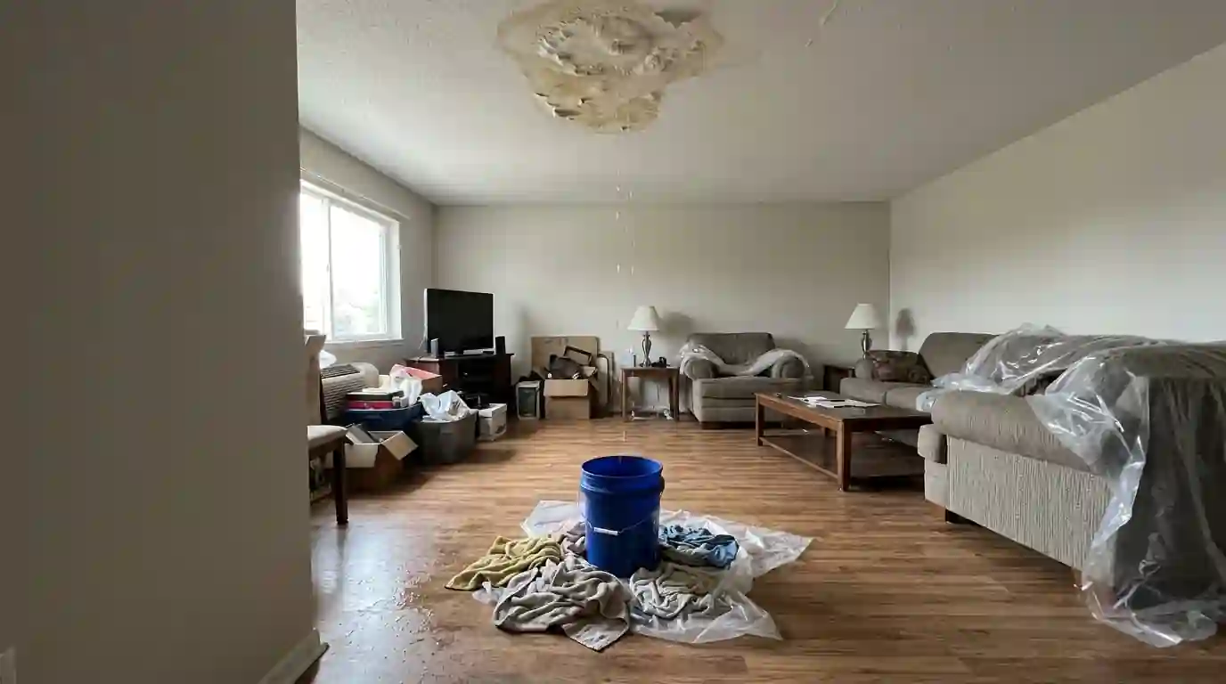 Water dripping from the ceiling into a bucket