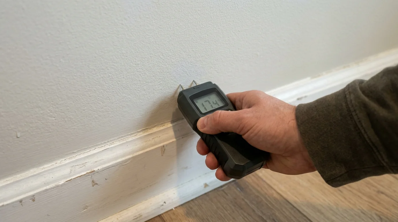Meter reading along a baseboard beside an inspection opening