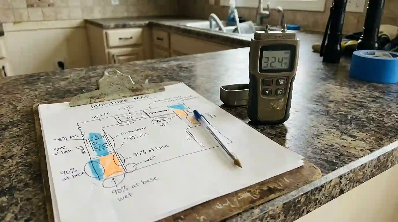 Moisture map sketch and meter on a kitchen counter