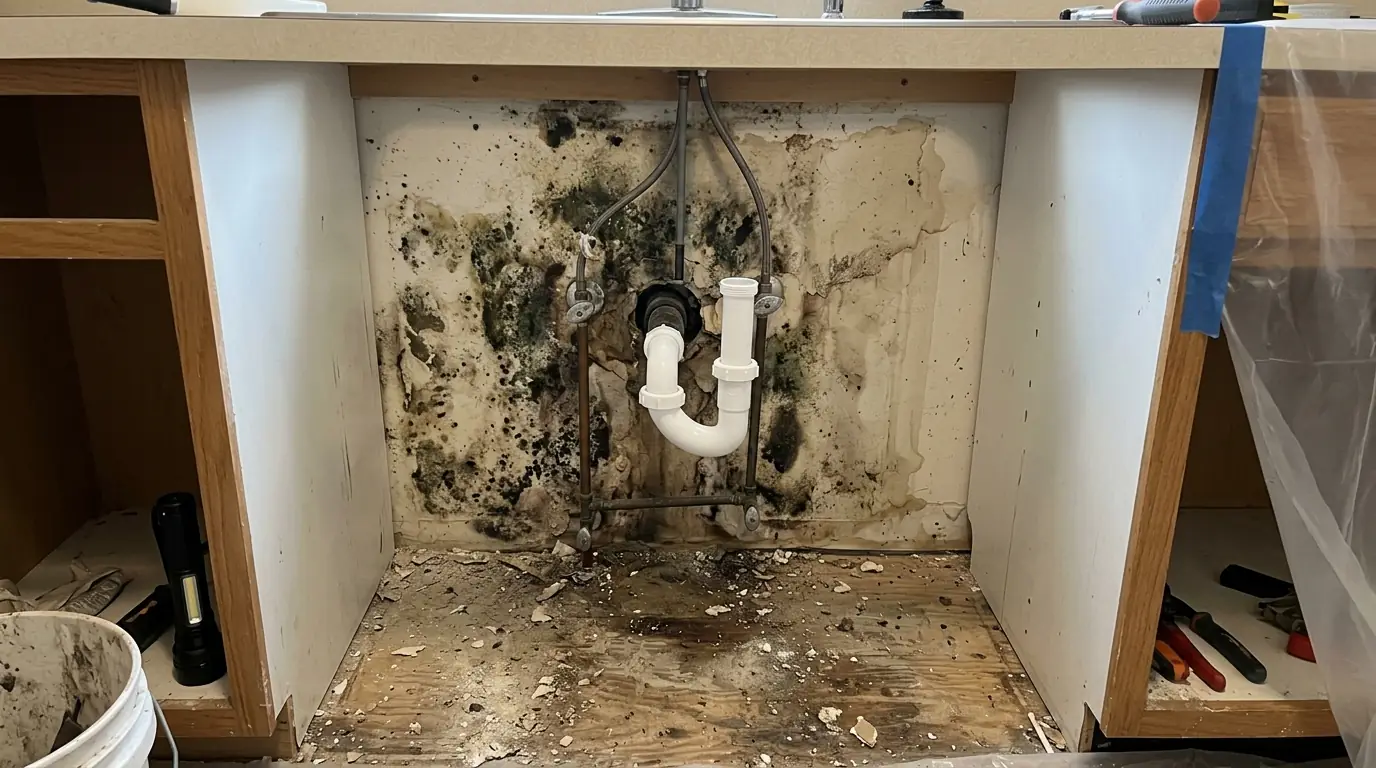 Mold on the wall behind a removed sink base