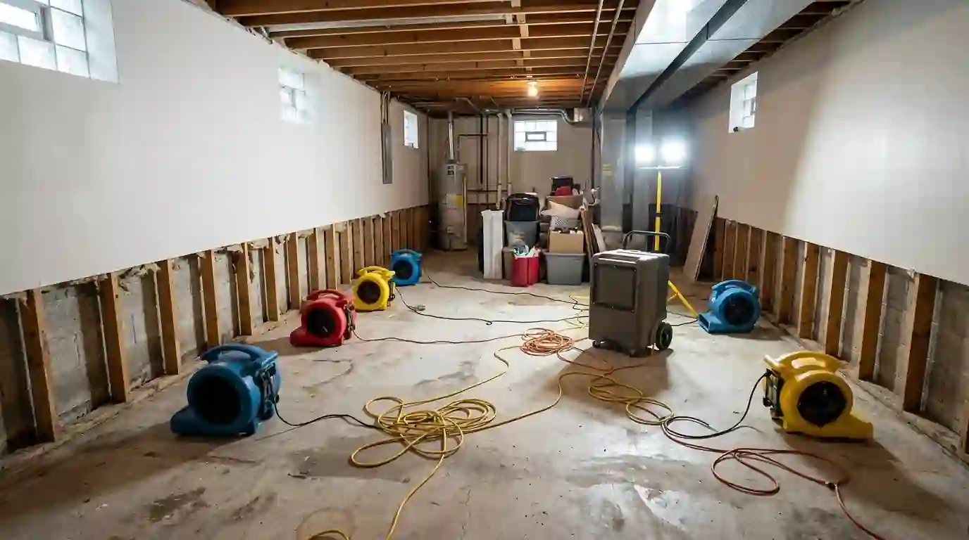 Drying basement framing on Staten Island after a storm