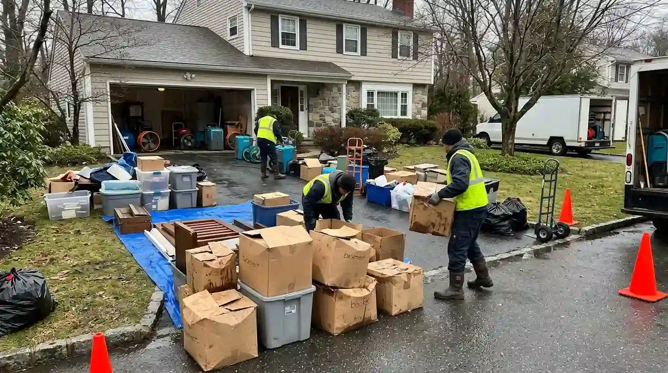 Sorting belongings after a basement flood