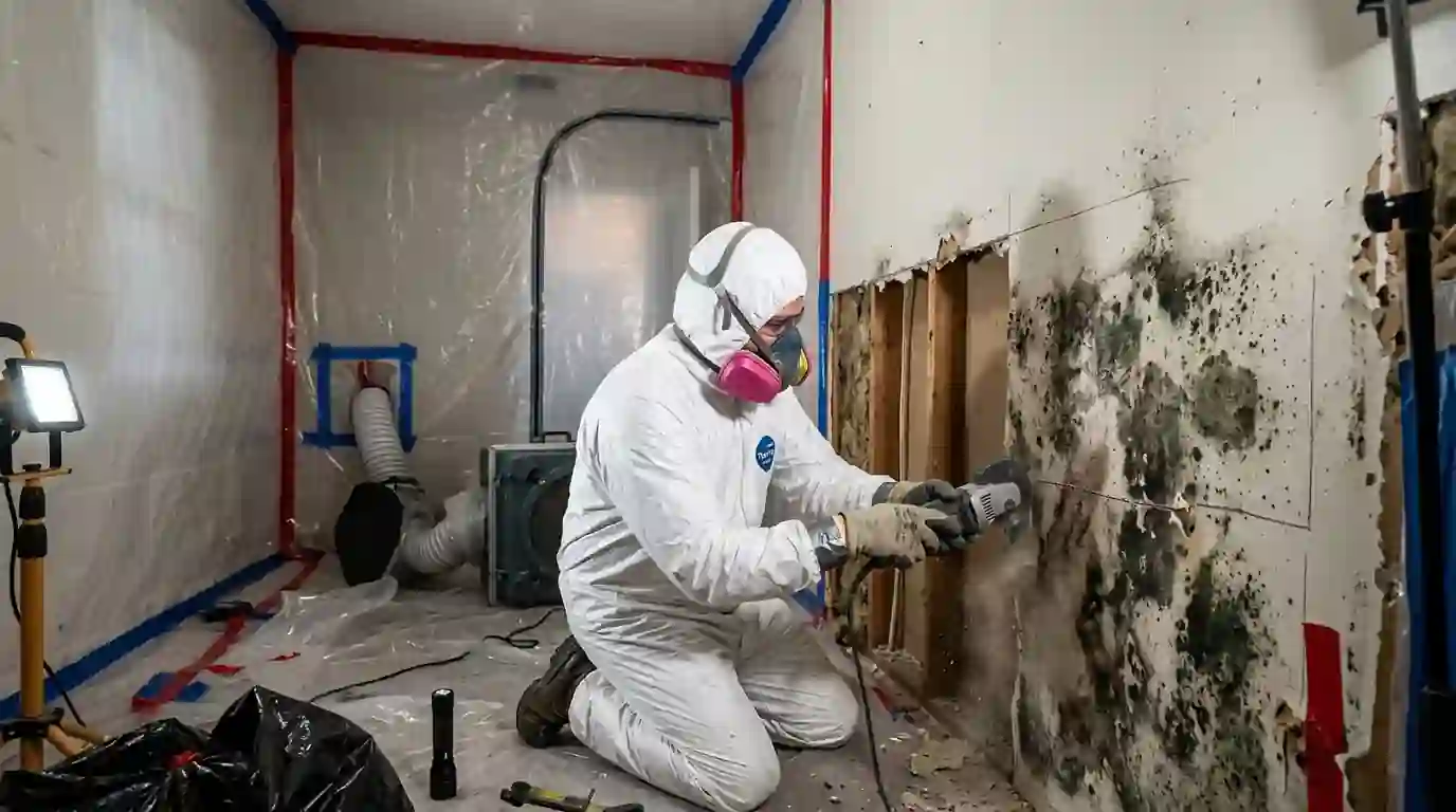 Cutting out moldy drywall inside containment