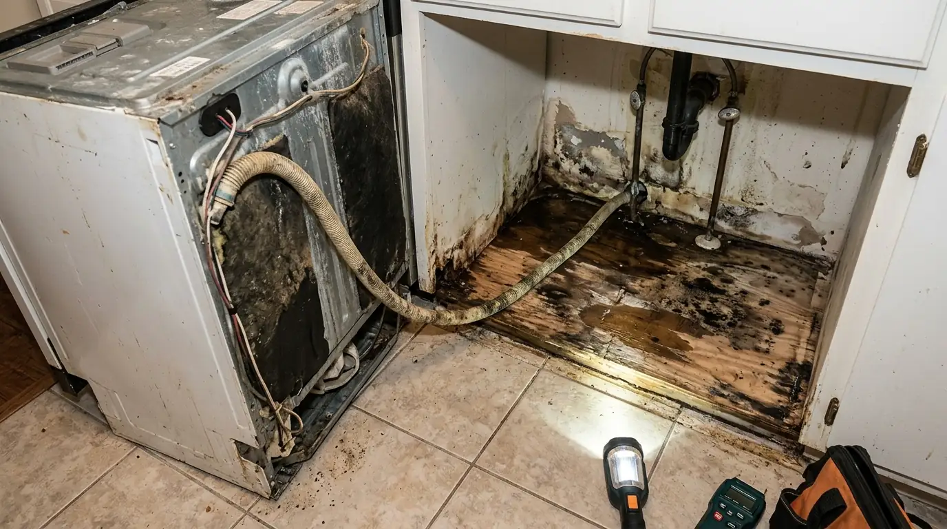 Wet subfloor behind a pulled dishwasher