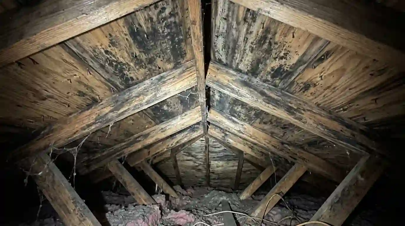 Mold staining on attic roof sheathing