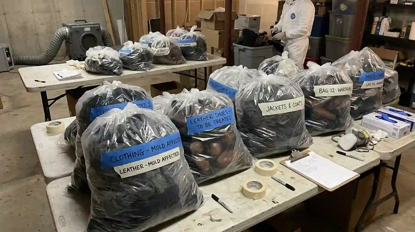 Clothing and shoes sorted and bagged after closet mold