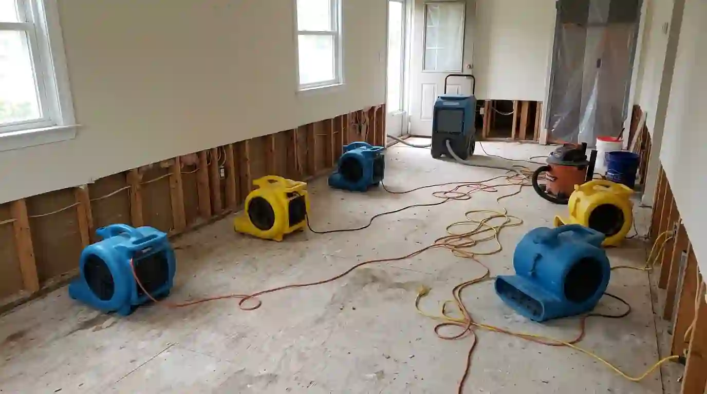 Drying framing in a South Shore house after flooding