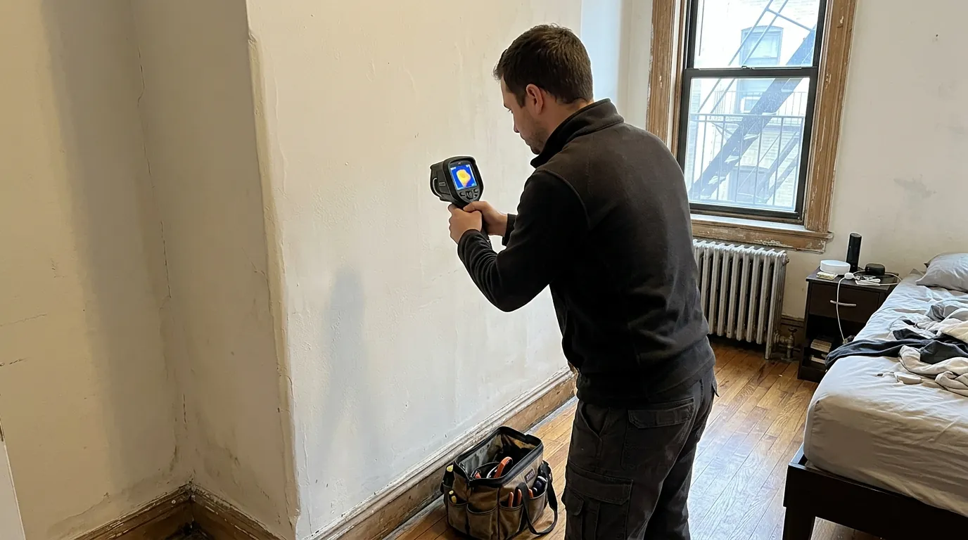 Thermal camera scan of a plaster wall during a mold inspection