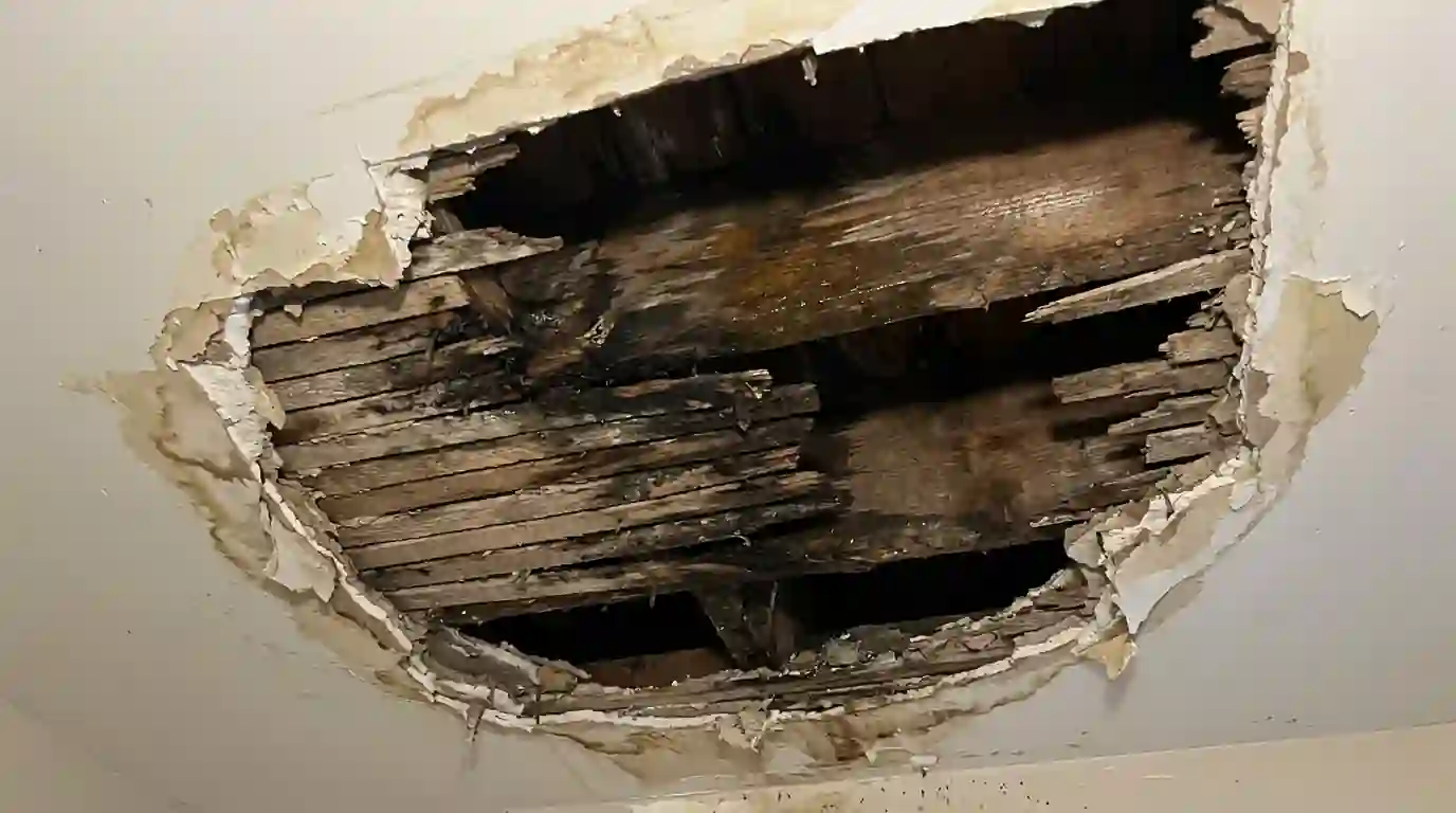 Opened plaster ceiling with wet lath and joists