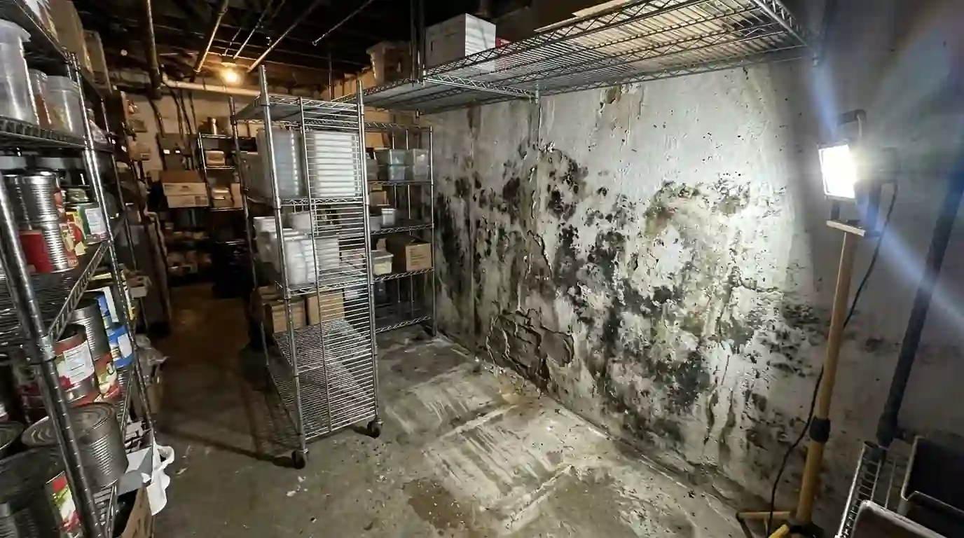 Mold behind shelving in a restaurant basement