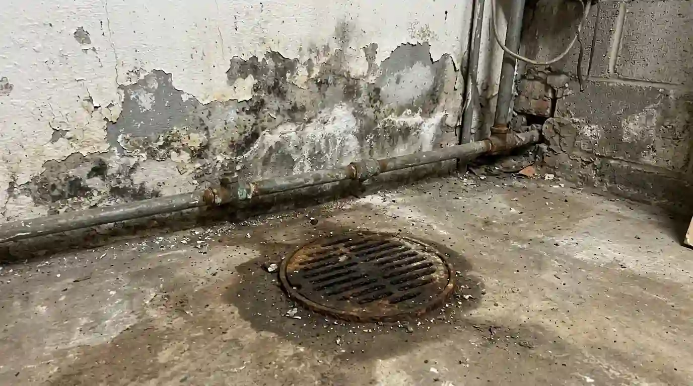 Basement floor drain with a flood line on the wall