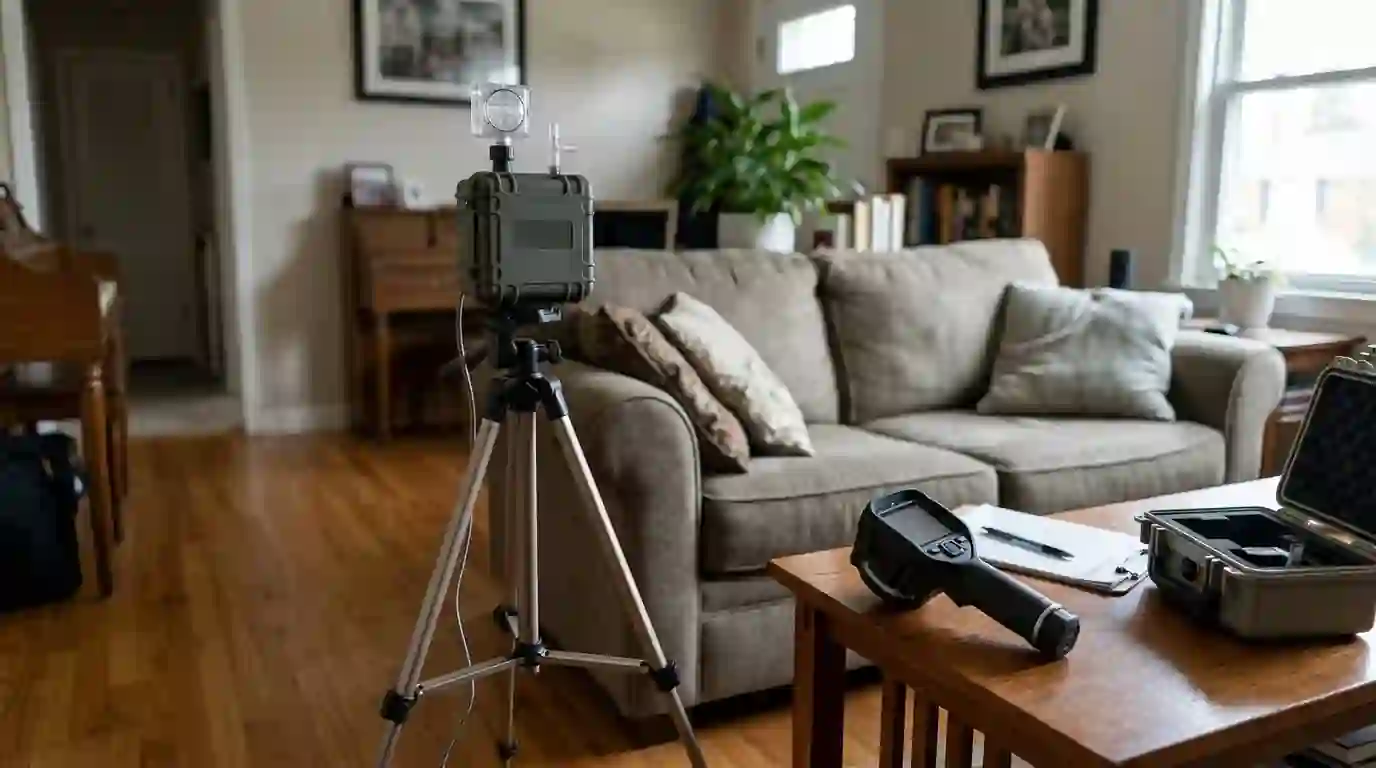 Air sampling pump with a spore trap cassette on a tripod in a New York living room