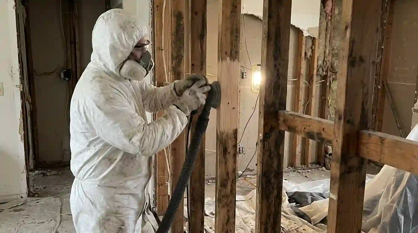 Sanding mold stains off studs with a HEPA vacuum attached