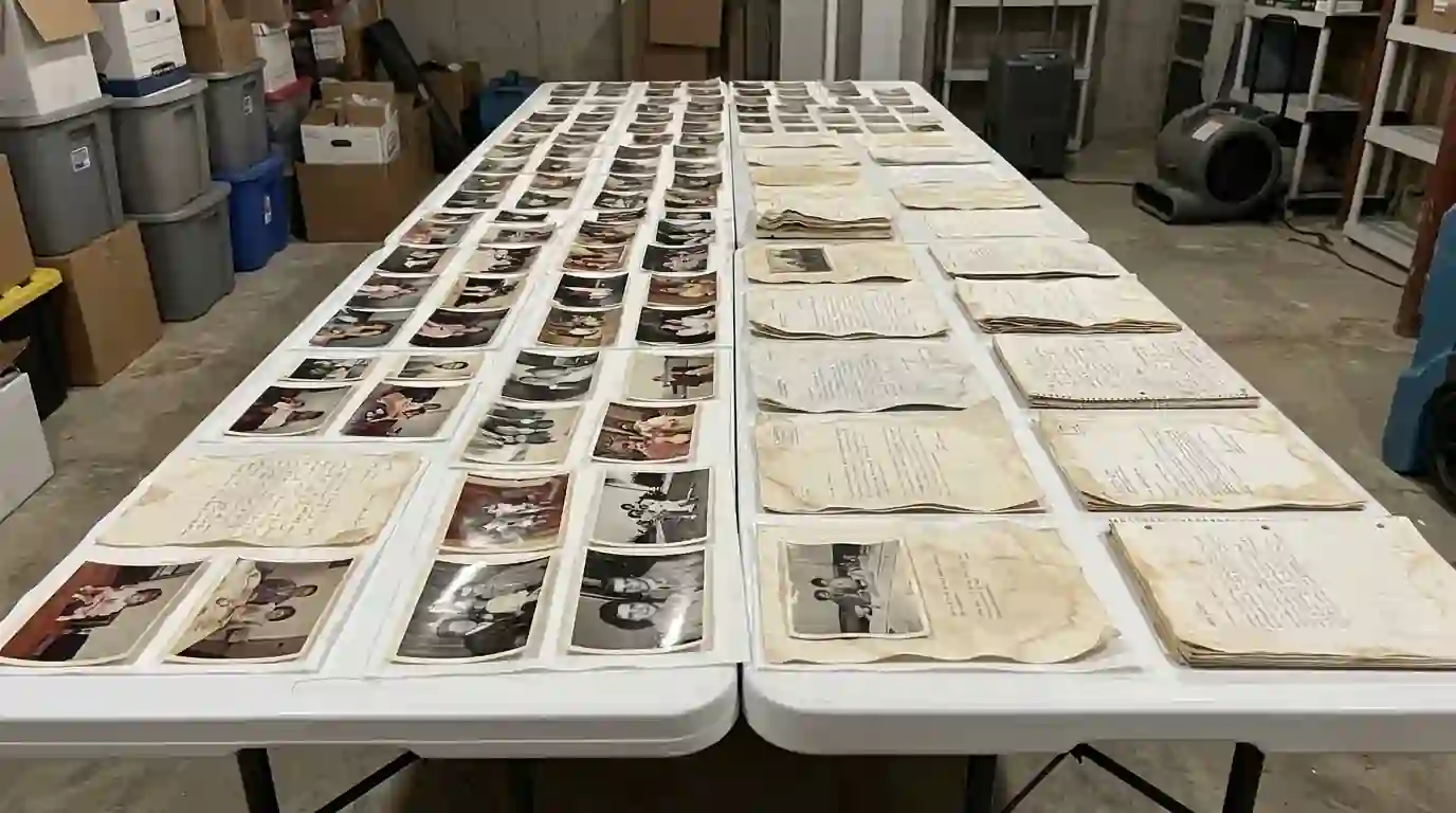 Photos and papers laid flat to dry