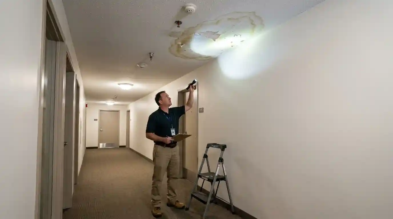 Building manager inspecting a hallway ceiling stain