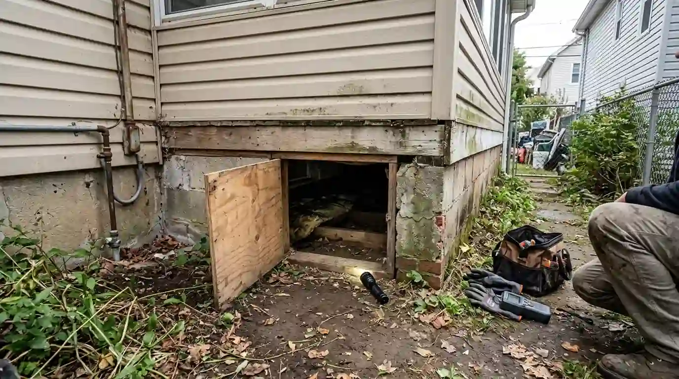 Access hatch to a crawl space under a porch addition