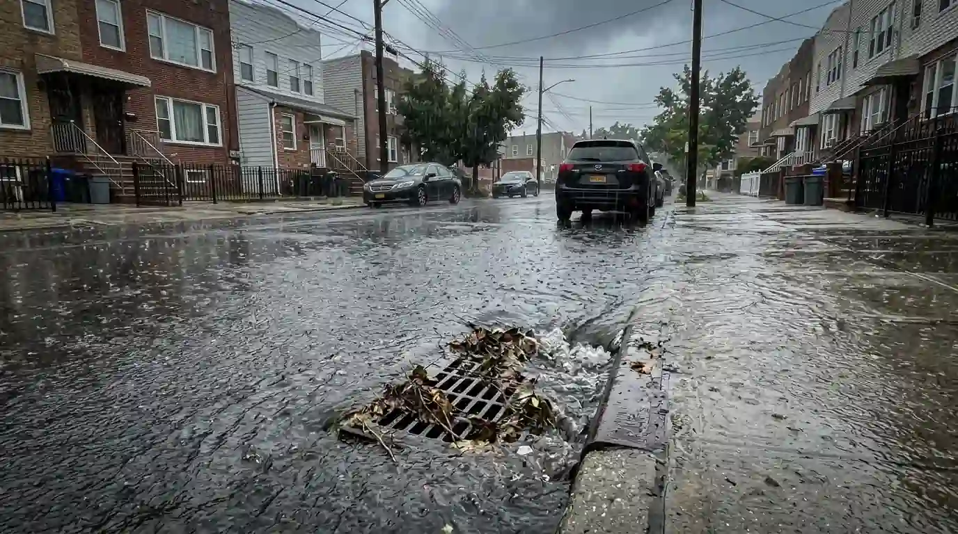 Street drain overflowing during a heavy rainstorm