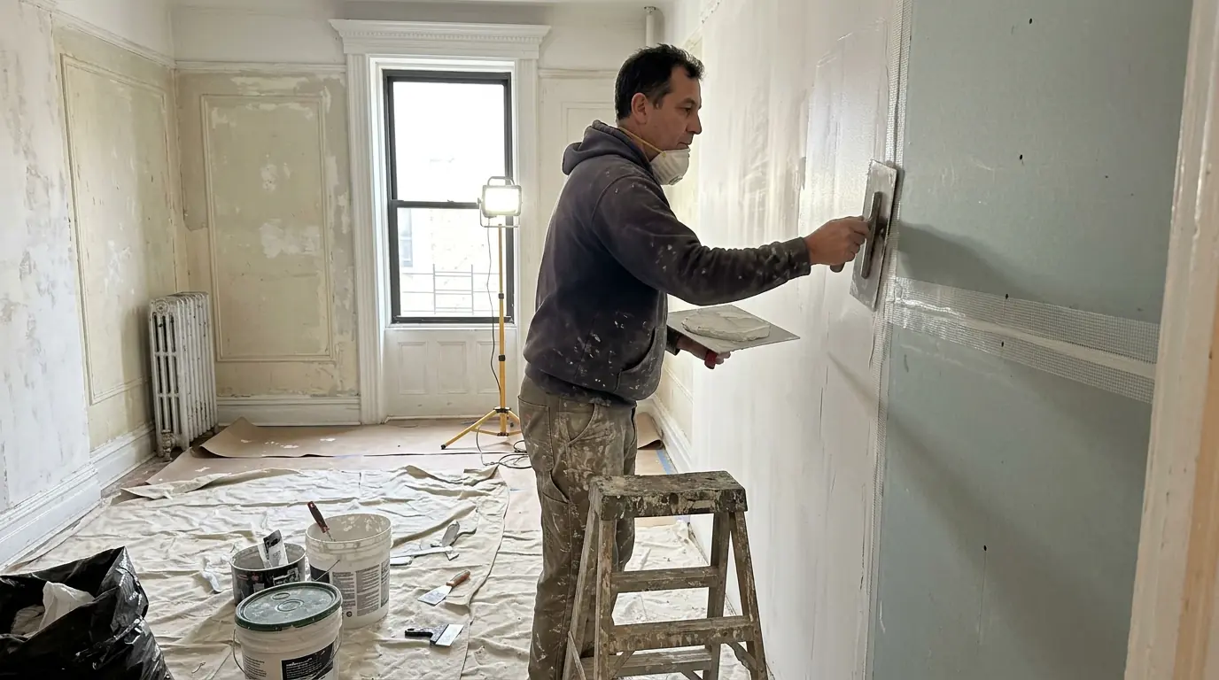 Skim coat blending new board into old plaster