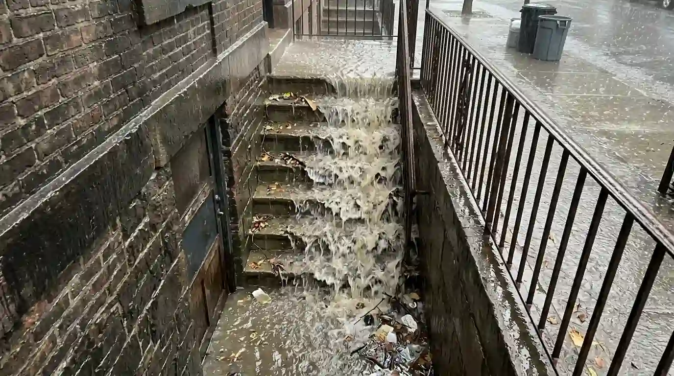 Storm water pouring down basement entry stairs