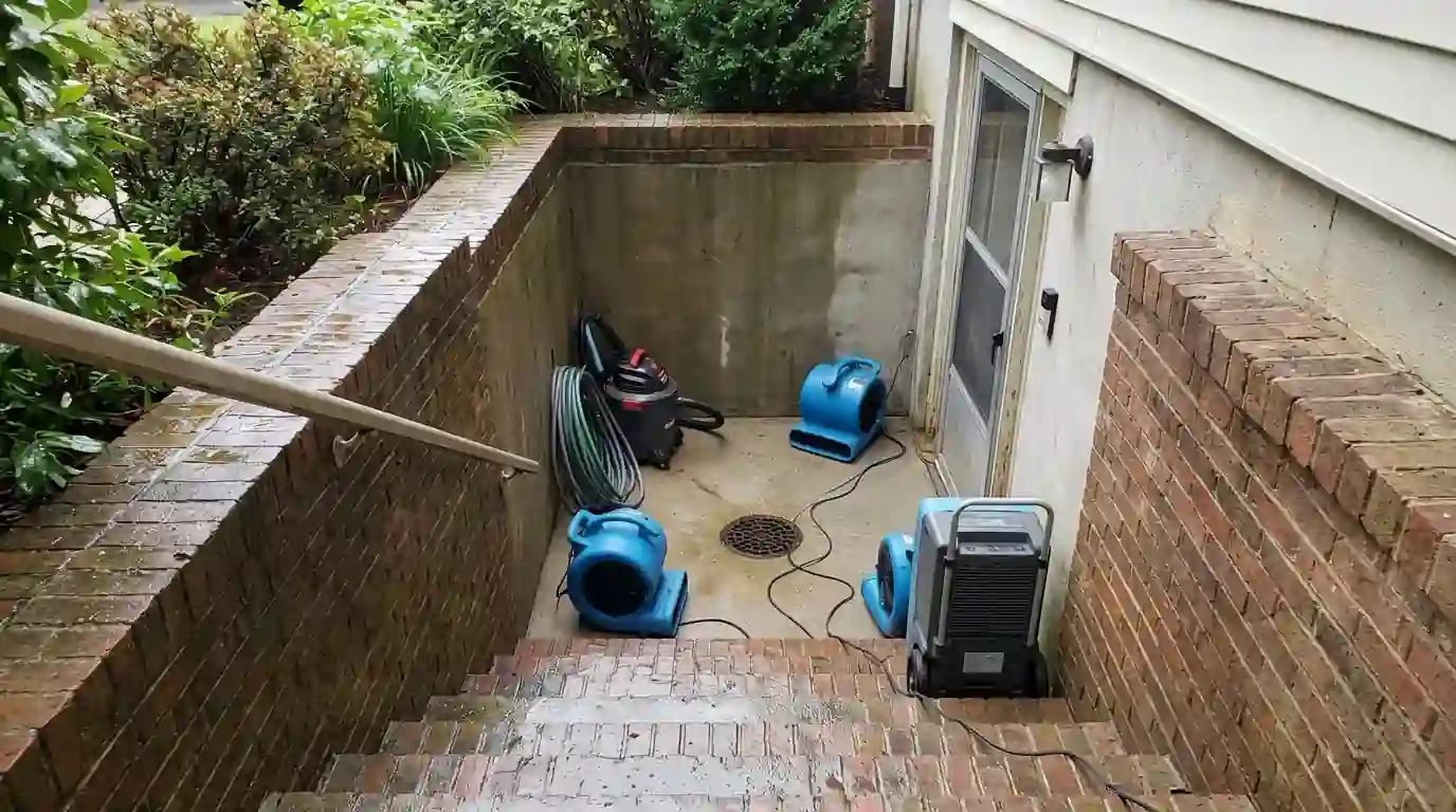 Entry stairwell of a garden apartment where water came in