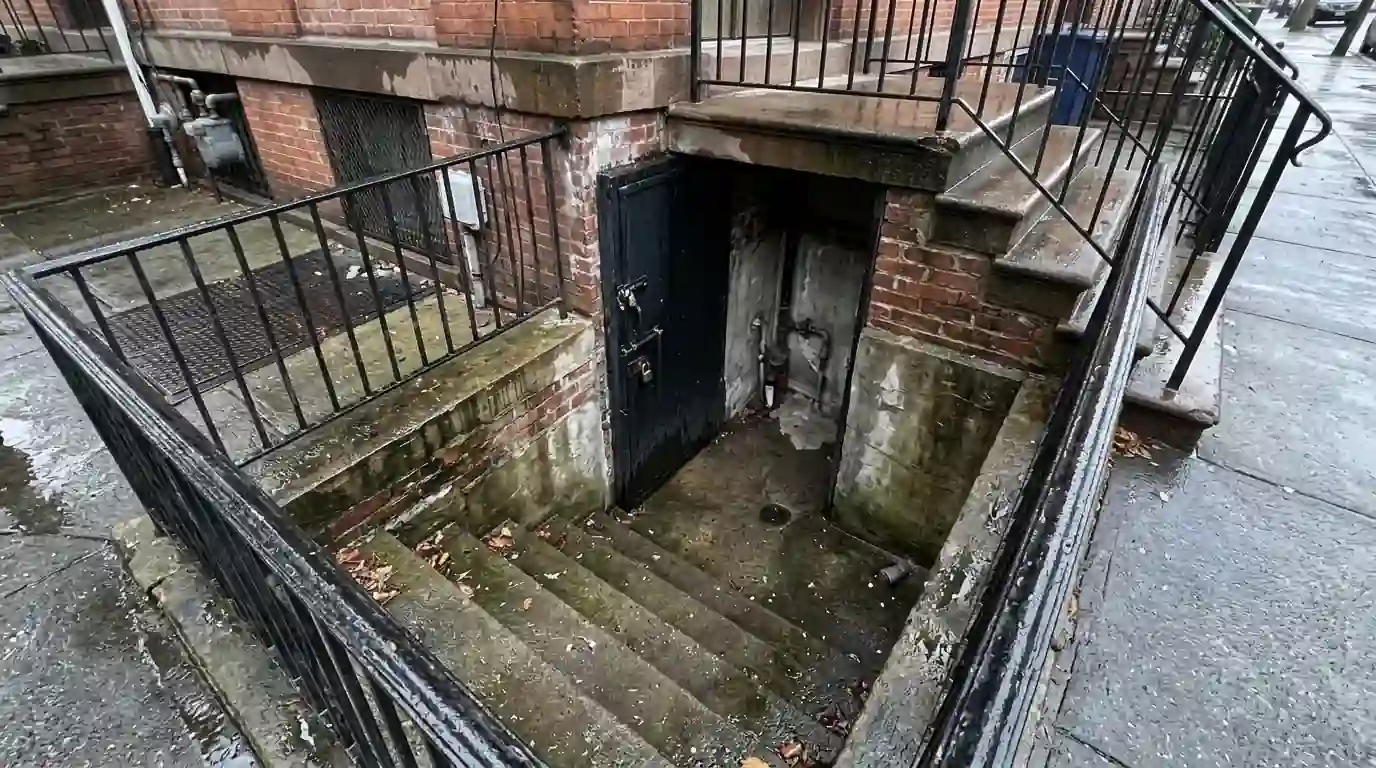 Basement areaway of a row house after heavy rain