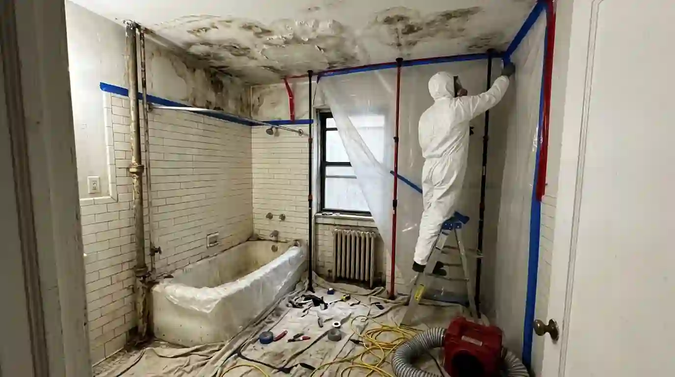 Containment going up under a stained bathroom ceiling