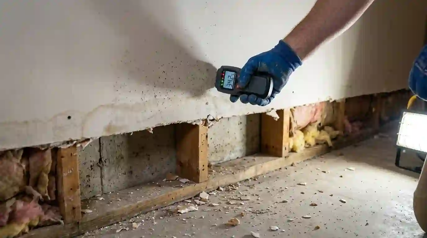 Checking drywall readings above a flood cut
