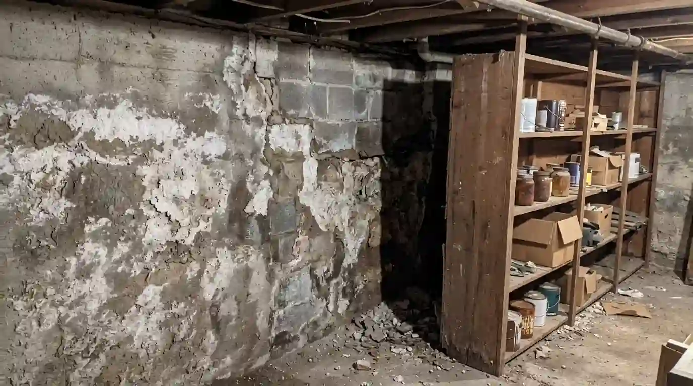 Foundation wall with mineral crust in an old cellar