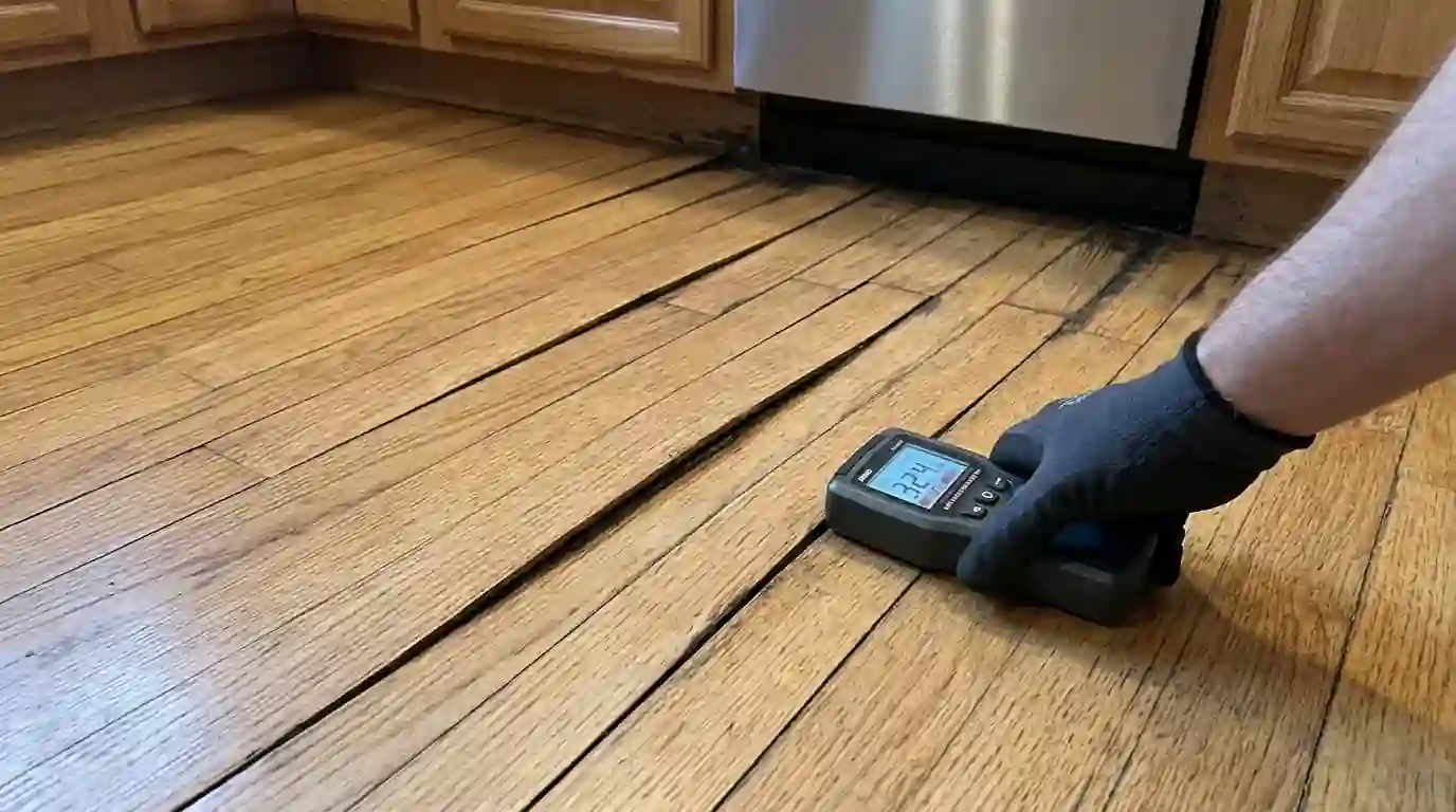 Cupped hardwood boards after a kitchen leak