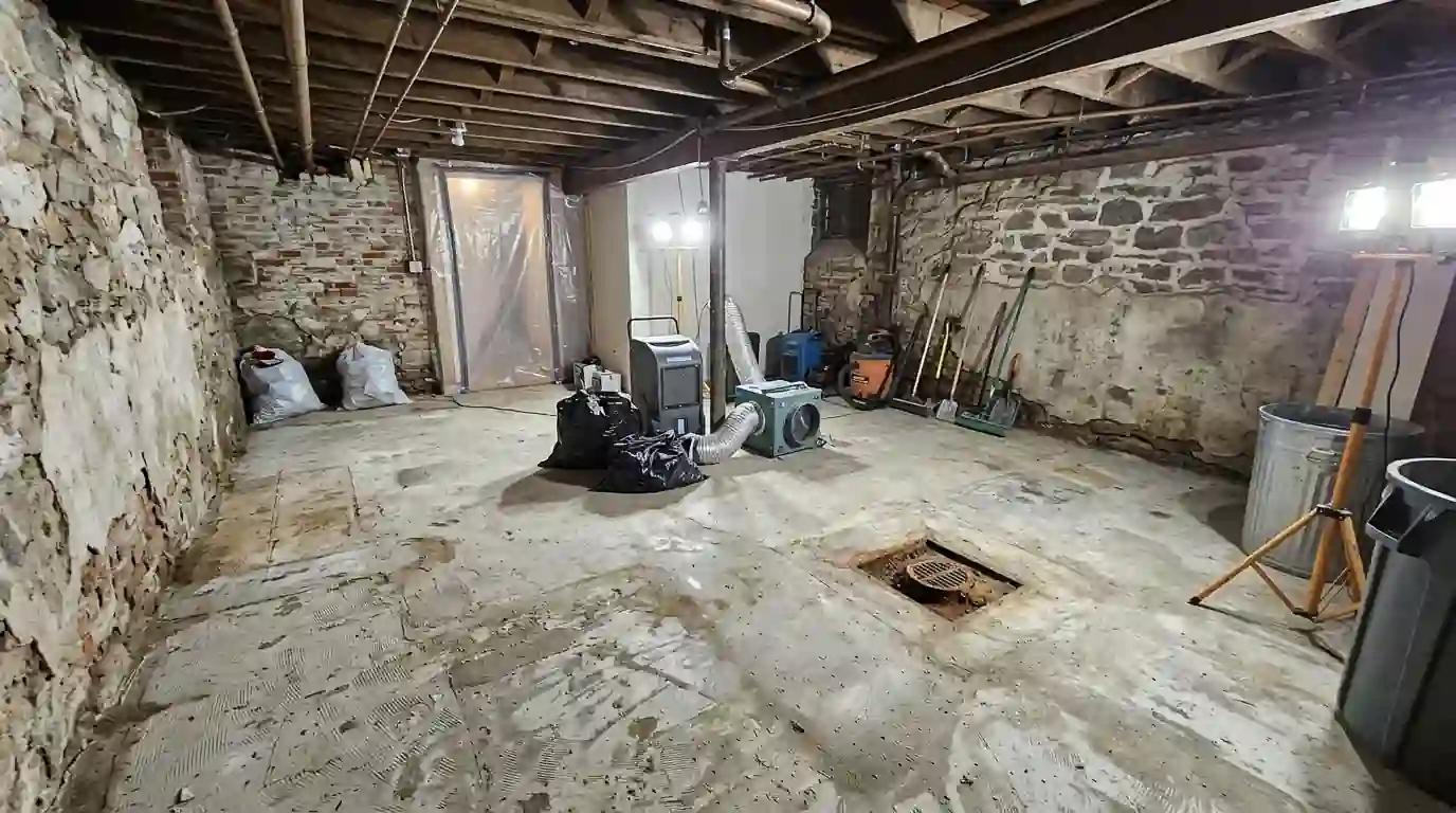 Basement floor drain area after a backup