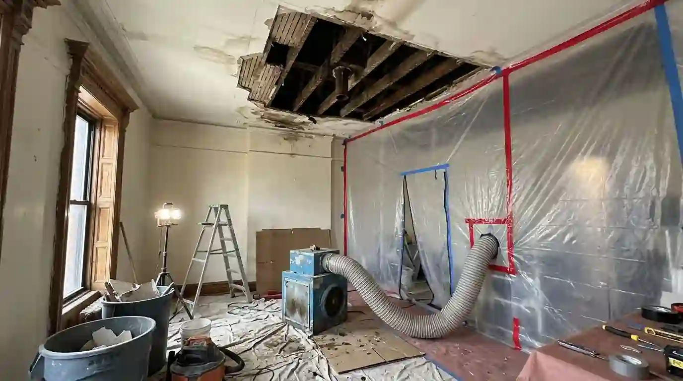 Opening a top-floor ceiling under a roof leak in Bedford-Stuyvesant
