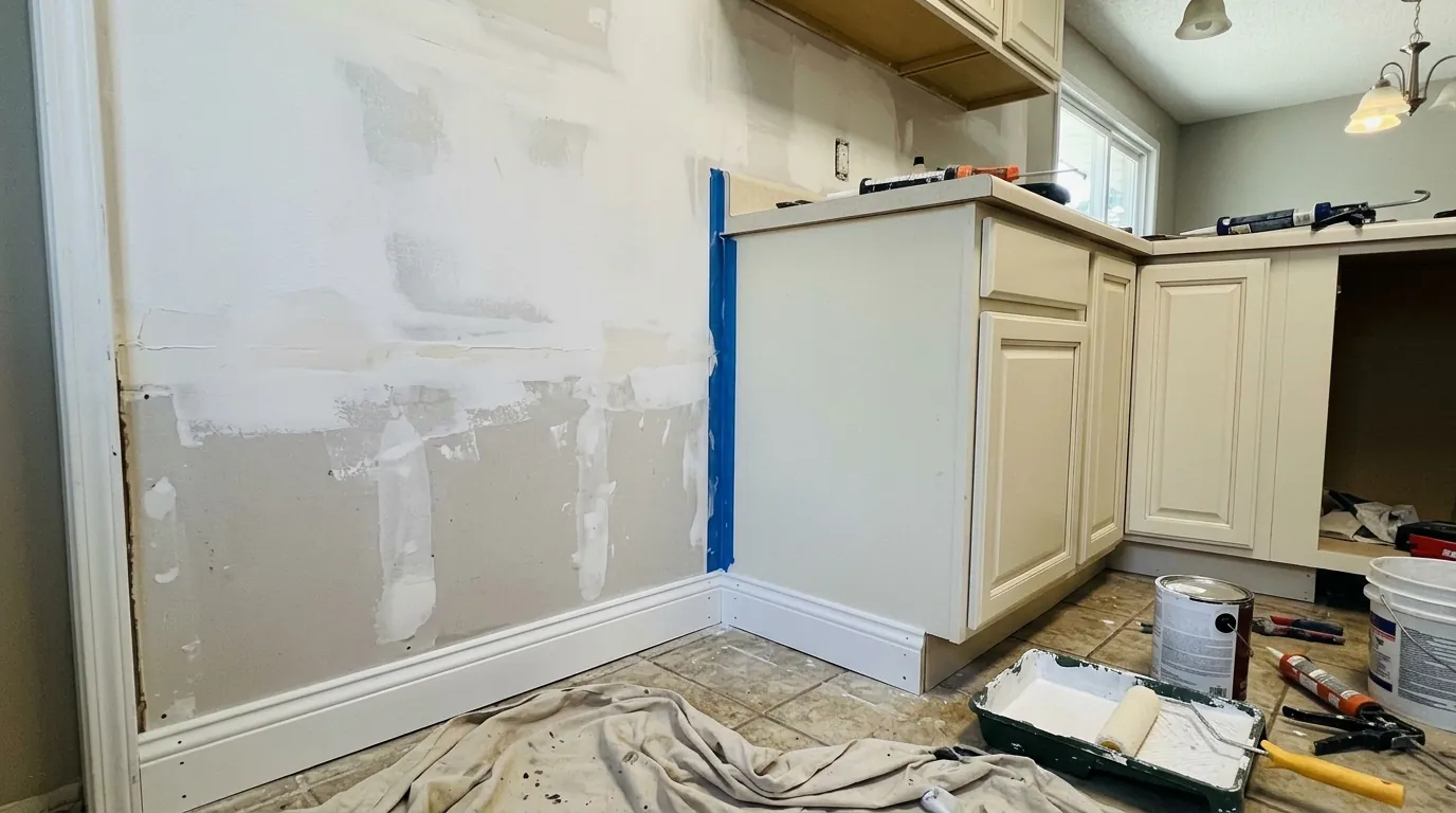 Base cabinet and trim reinstalled after repair