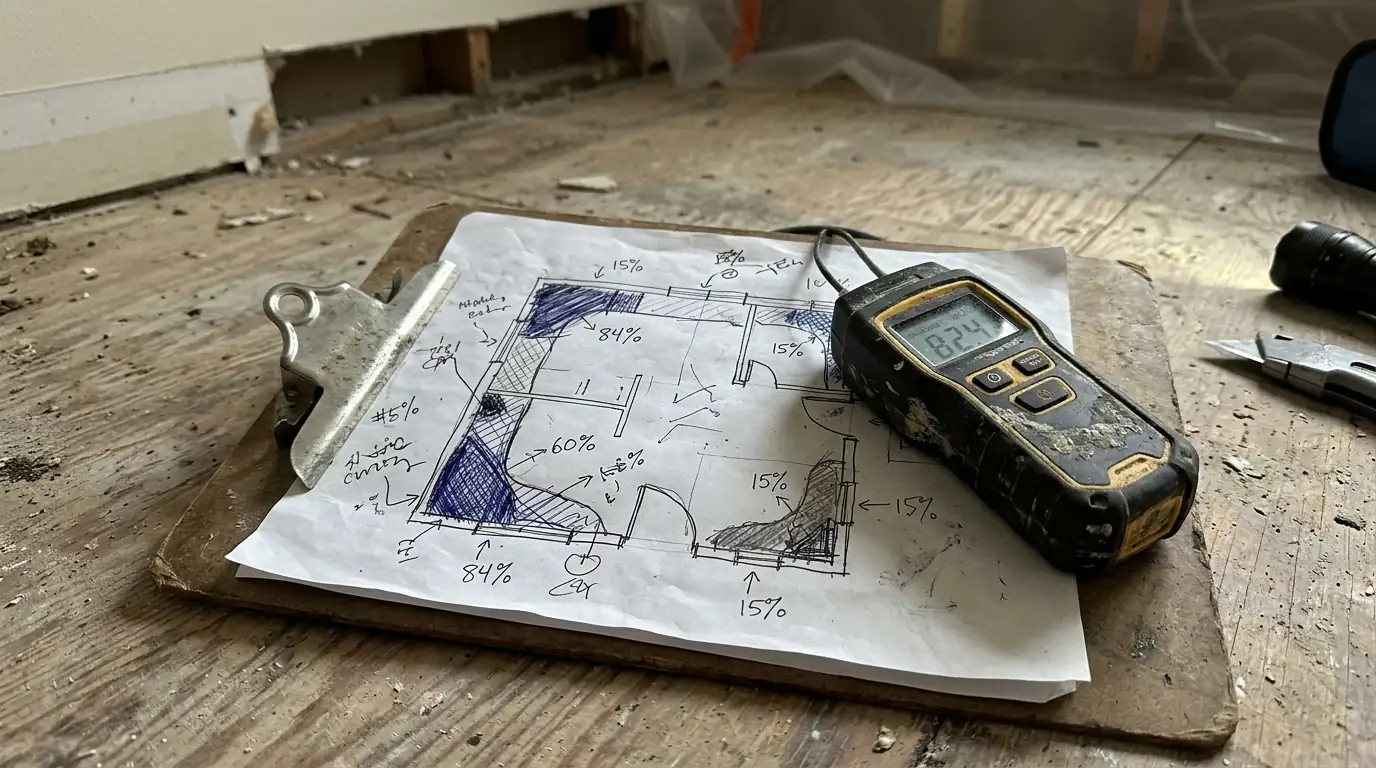 Moisture map sketch marking where the wall reads wet
