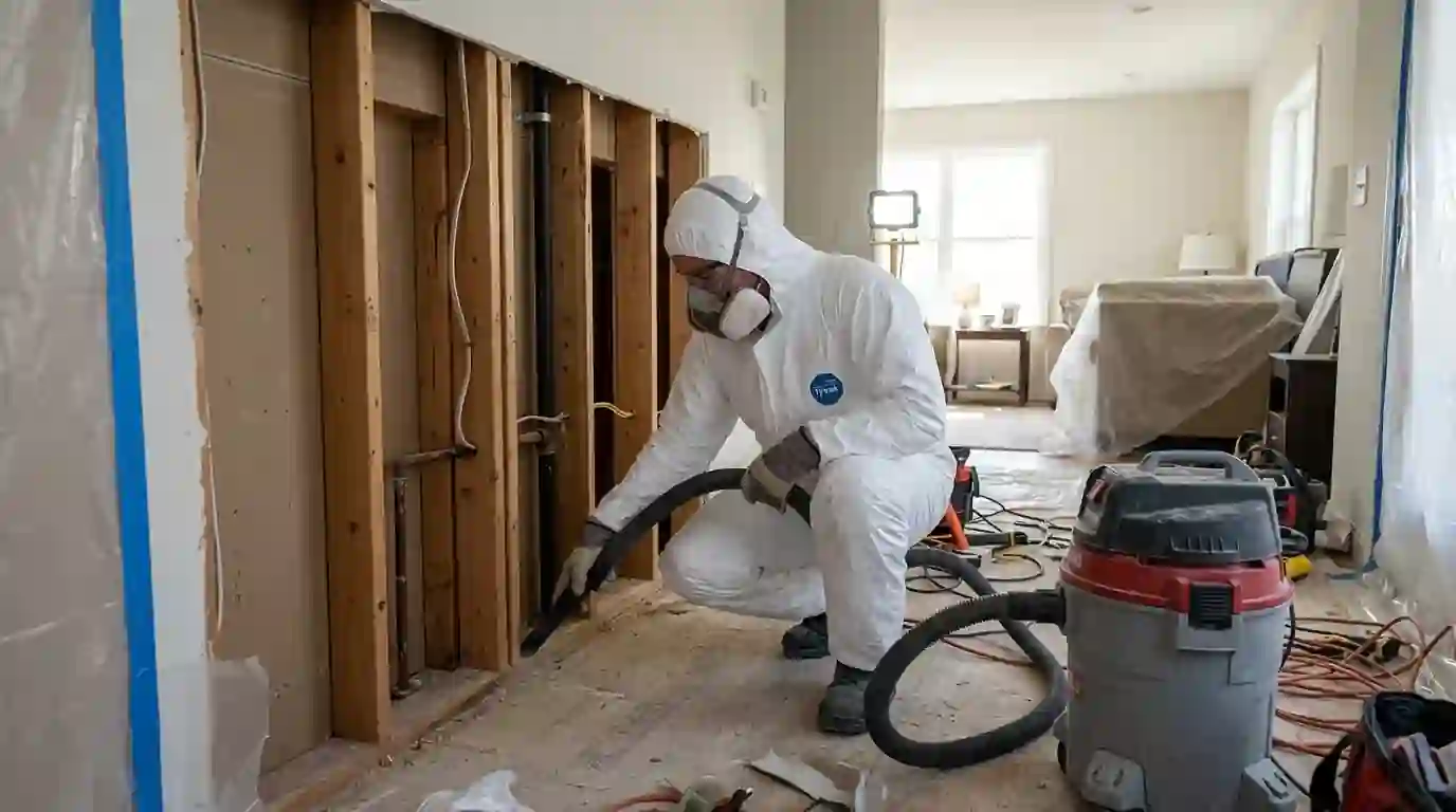 Technician spraying an encapsulant coating on cleaned wood framing in a New York attic