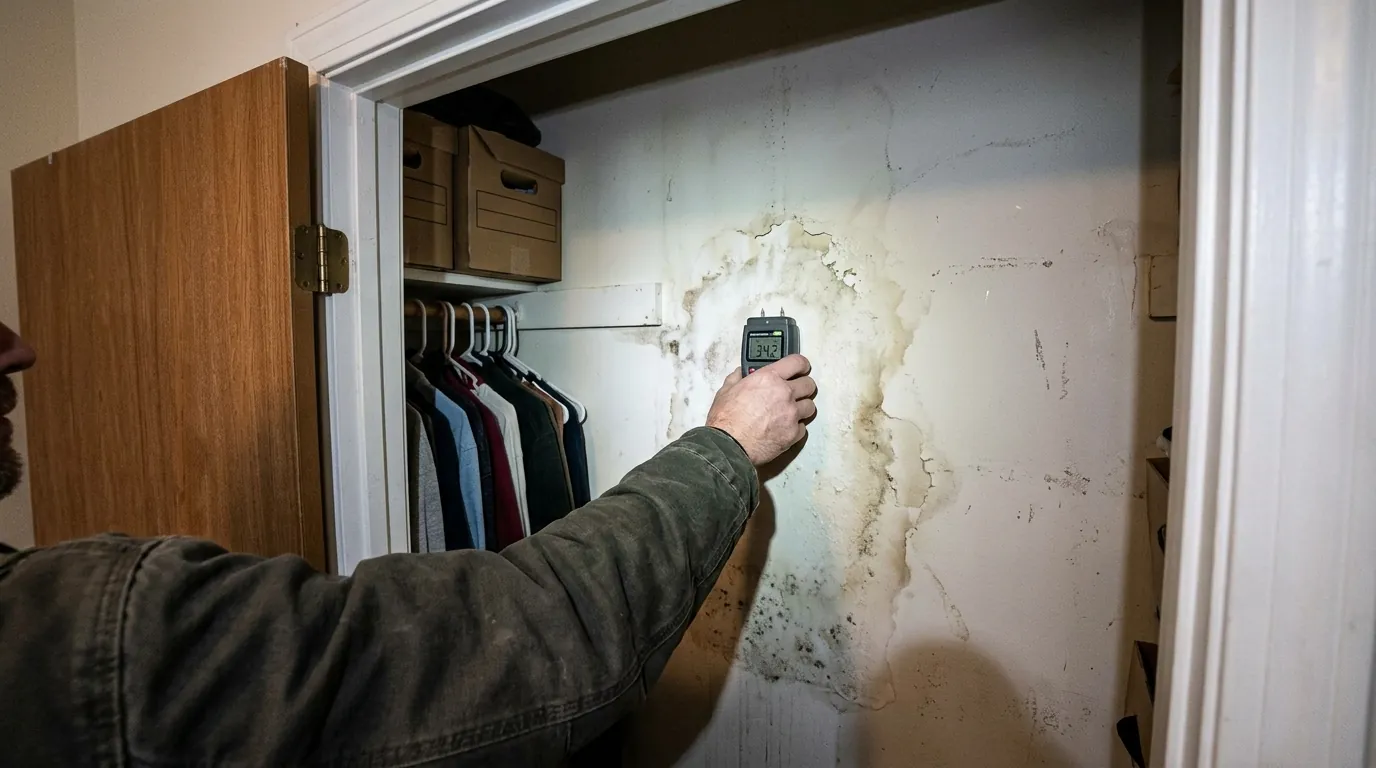Checking a closet wall behind a musty smell