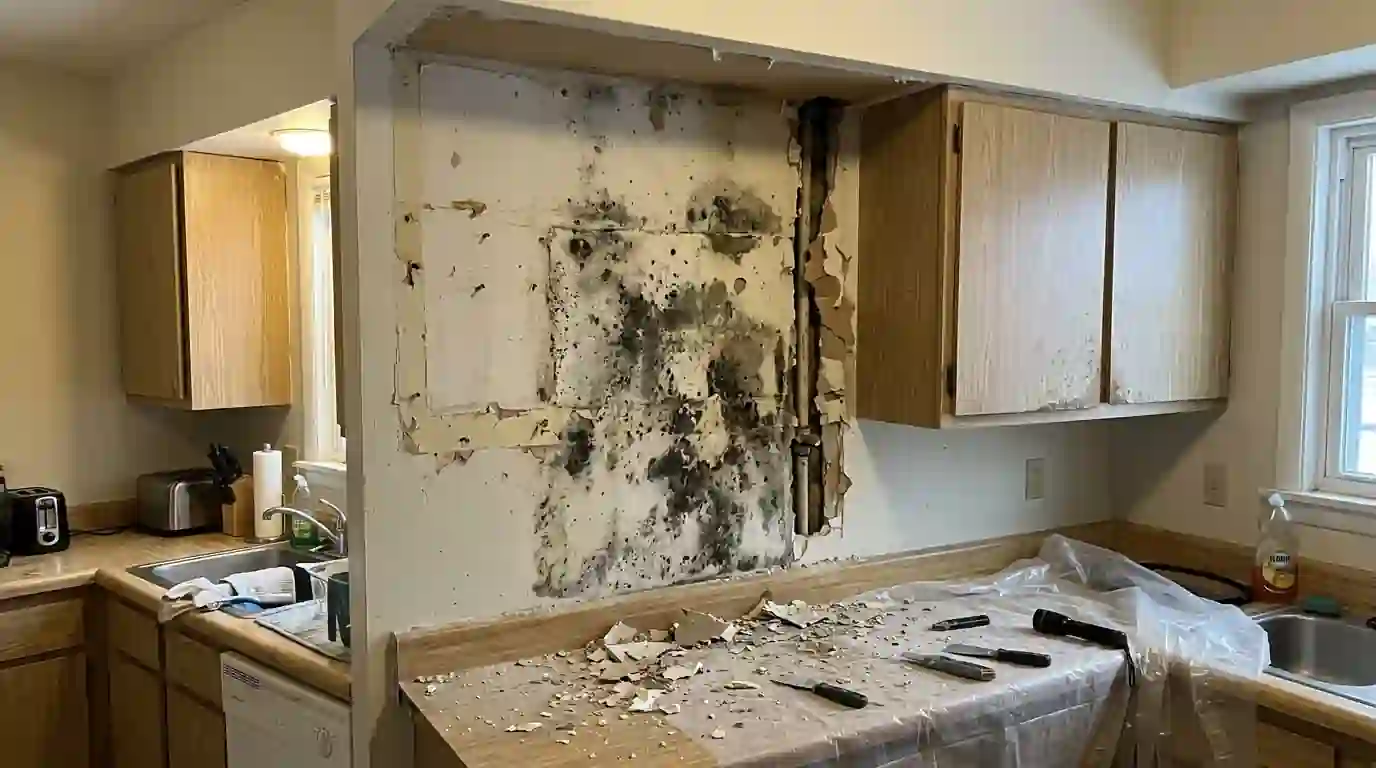 Mold behind a kitchen cabinet in a rental apartment