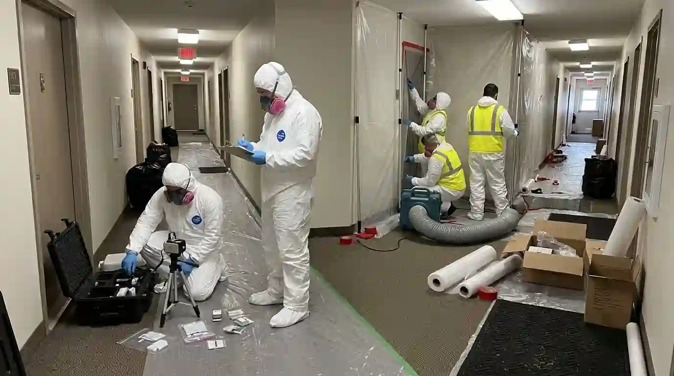 Assessor and removal crew in a larger building