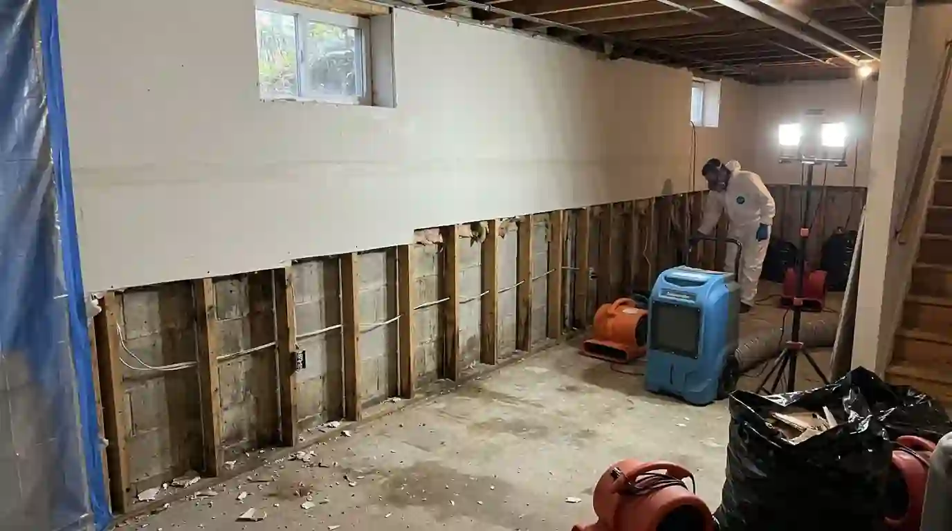 Flood line on a basement wall near a river