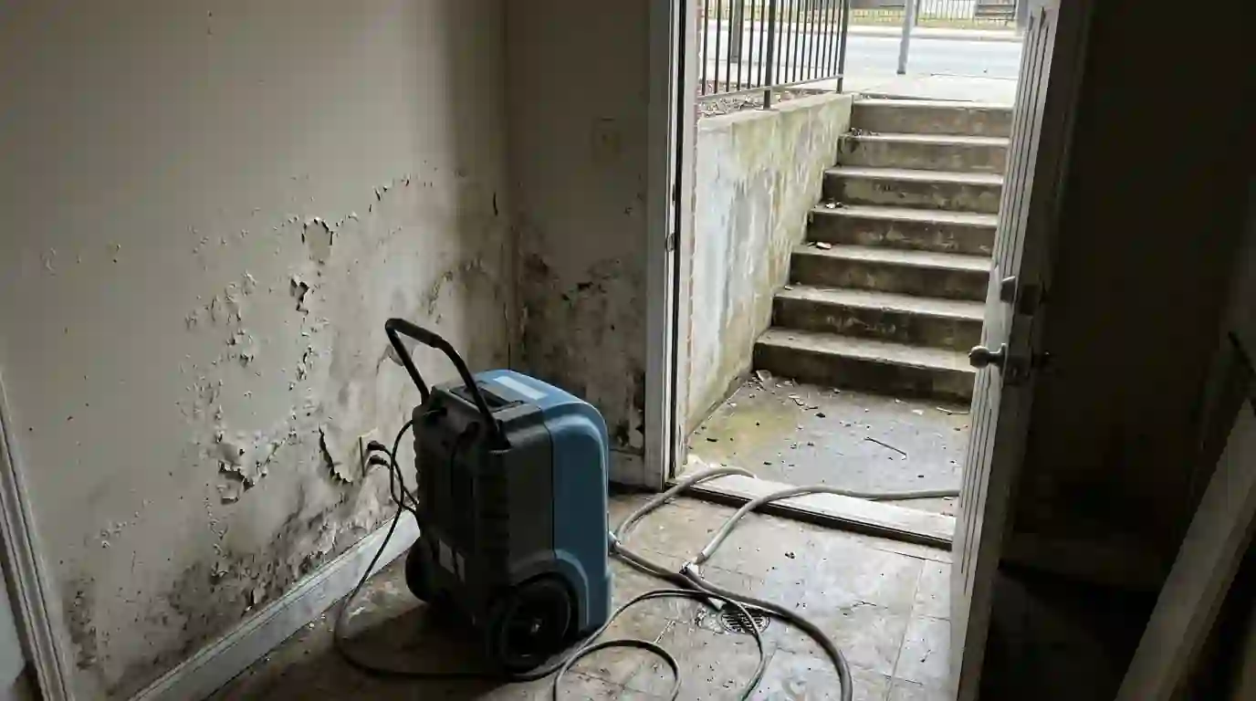 Damp wall in a garden apartment below street level