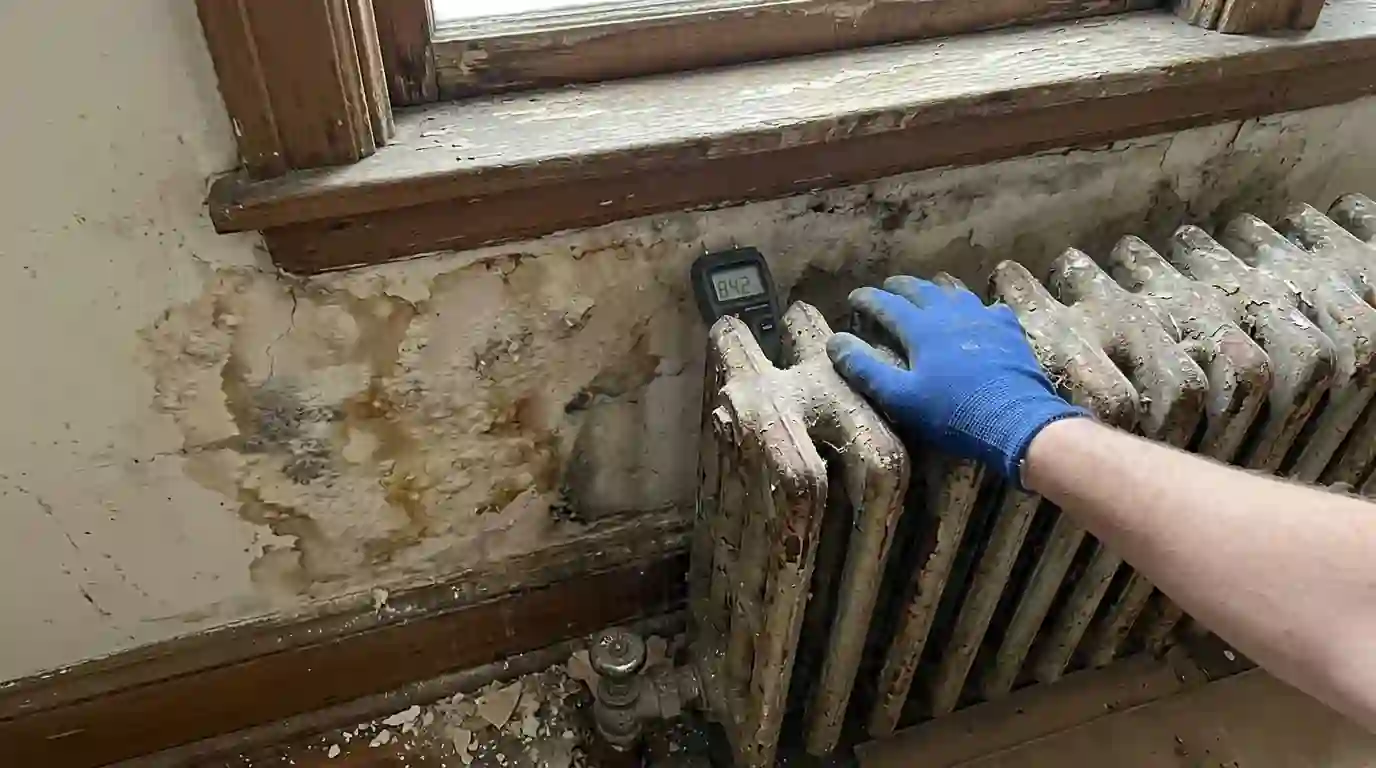 Checking plaster behind a steam radiator