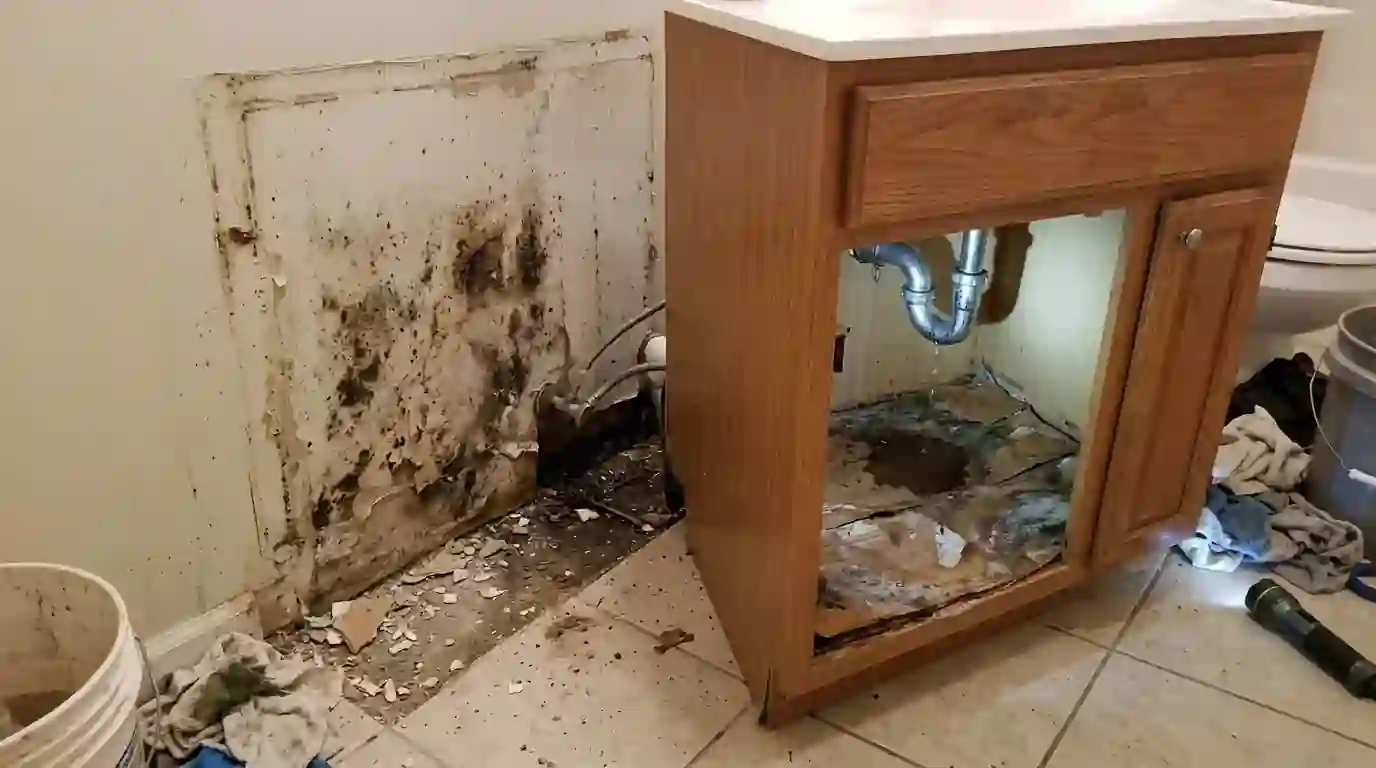 Swollen vanity floor under a leaking sink trap