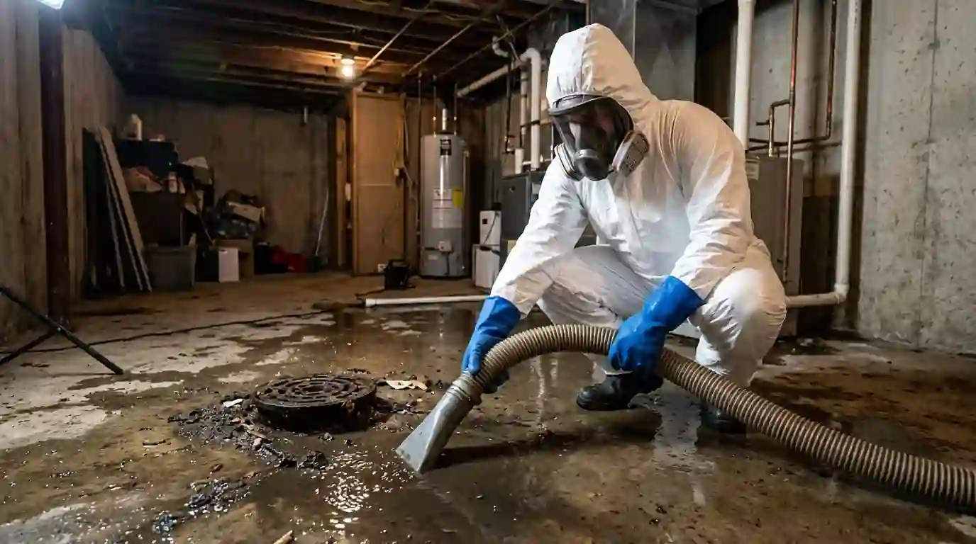 Extracting sewage from a basement floor drain area
