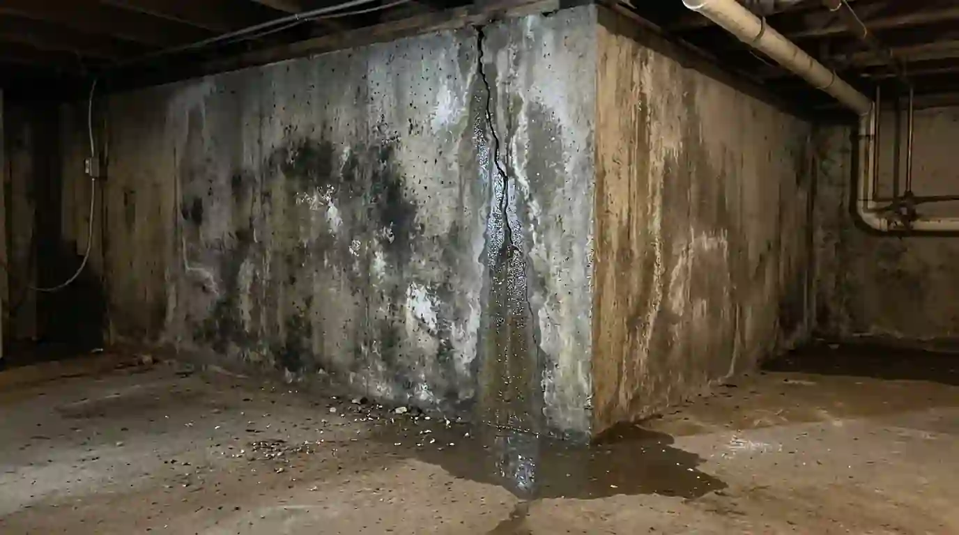 Groundwater seeping through a foundation crack
