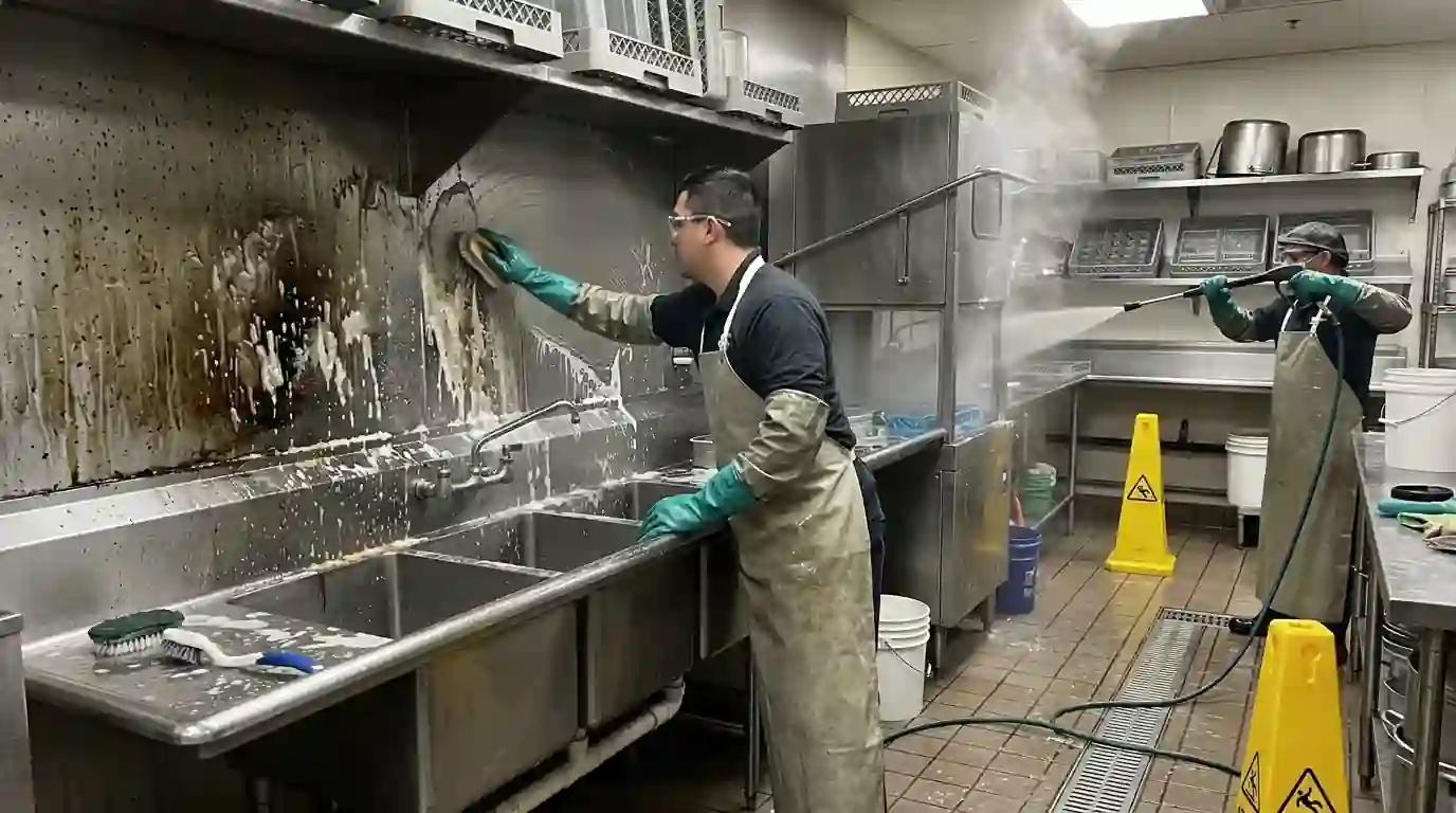 Stained ceiling tiles above a dish machine